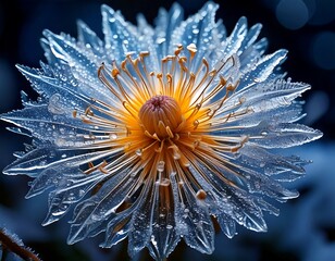 Macro of a flower encased in ice, showing intricate cracks and frozen air bubbles
