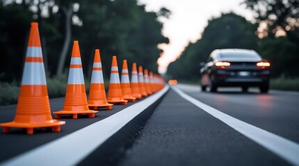 Long line of safety cones on the roadside during evening hours, used for guiding vehicles, signaling construction or repair, with a car approaching from the background

