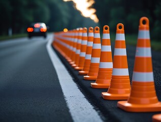 Long line of safety cones on the roadside during evening hours, used for guiding vehicles, signaling construction or repair, with a car approaching from the background

