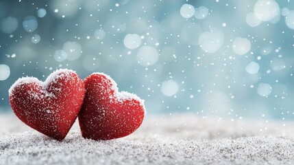 Fototapeta premium A beautiful winter landscape where snow covered hearts are scattered across the ground, creating a magical and romantic setting for Valentine's Day.