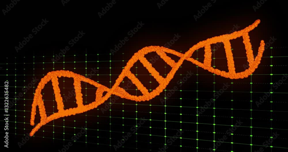 Poster animation of dna strand glowing with green grid and waveform in background