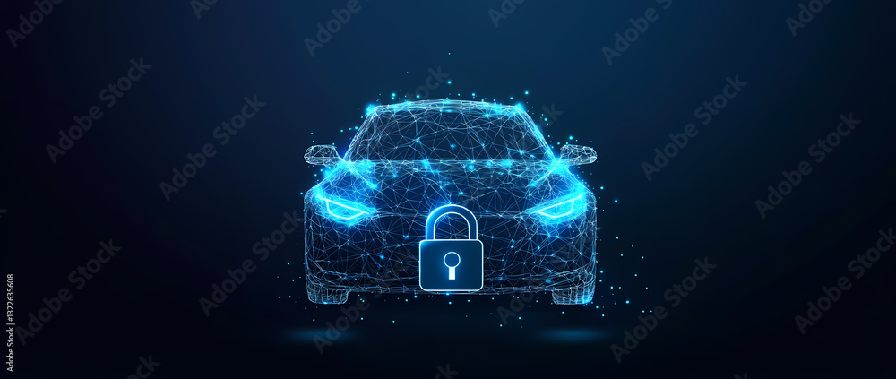 Poster secure ride: a digital rendering showcases a car encased in a network of glowing lines, with a padlo