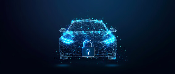 Secure Ride: A digital rendering showcases a car encased in a network of glowing lines, with a padlock superimposed on the front, symbolizing vehicle security and data protection in the digital age.