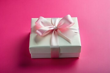 Fototapeta premium Pink Background Gift Box with White Bow - Minimalist Birthday Present Stock Photo