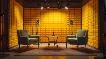 Golden Studio Setup: A professional studio space features sound-dampening panels, set up with microphones, chairs, and a table. Prepared for recording podcasts, interviews or other media