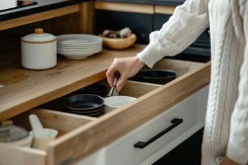 Woman opening drawers of kitchen cabinet with different dishware and utensils, closeup