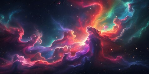 Fototapeta premium Stunning colorful cosmic nebula formation with radiant swirling clouds and glowing stardust in deep outer space, ideal for sci-fi themes or dreamy fantasy visuals