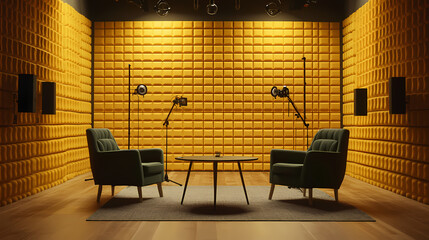 Studio Setup: An inviting studio with two armchairs arranged opposite each other, a small table, and microphones suspended within the warm-toned soundproofing walls.