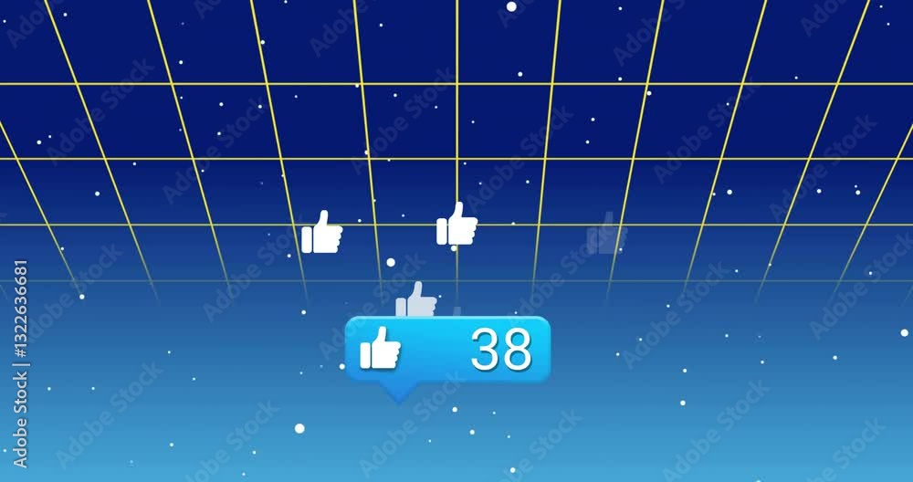 Poster thumbs-up icons with number 47 floating over blue grid in digital animation