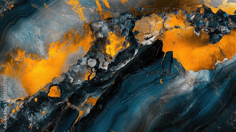 Poster abstract gold and blue marble texture background image with swirls and splashes