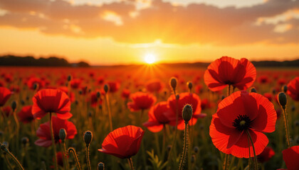 Fototapeta premium Vibrant red poppies blooming in a sunset field