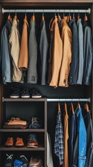 A well organized wardrobe displaying clothes and footwear options