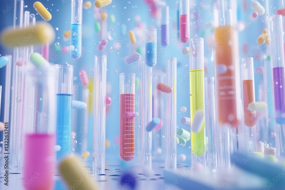 Poster modern 3d-rendered veterinary laboratory background with colorful test tubes and medical data visual