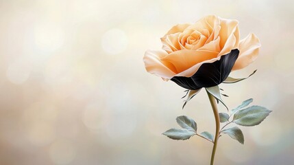 Obraz premium The black rose realistic illustration features intricate details of velvety petals with deep shadows and delicate veins, creating a striking contrast against a soft, blurred background.