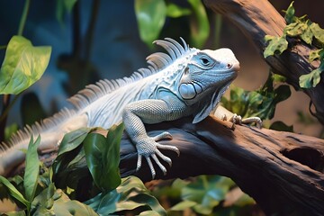 Obraz premium Iguana in its habitat hiding in the crevices of leaves, enjoying the cool tropical atmosphere, looking like part of the ecosystem, moving nimbly on the high branches of trees