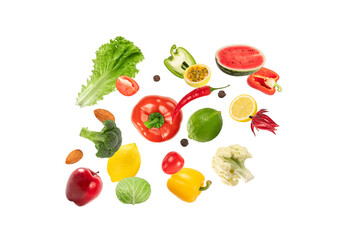 falling assortment vegetables with fruits and spicy herb isolated on white background.