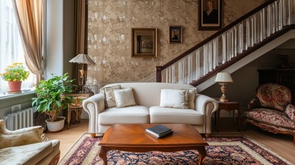 A Comfortable Living Room Features Staircase And Decorative Furnishings