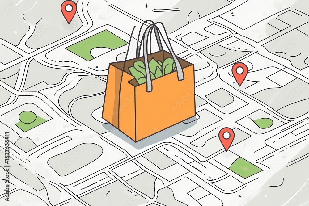 Poster delivery route map illustration featuring grocery bag icon and location pins with a clean and modern