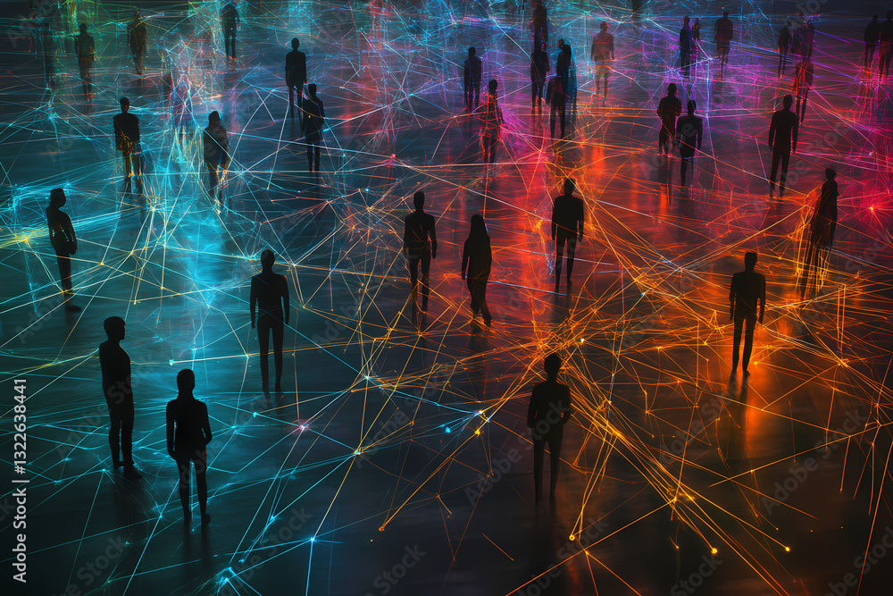 Poster digital connections: silhouettes of individuals are connected by lines in a vibrant display of netwo