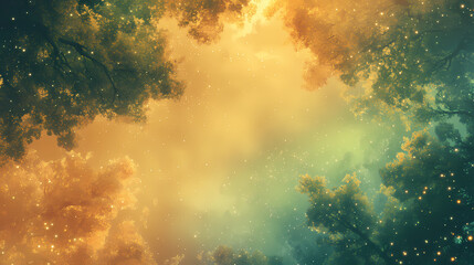 Obraz premium Abstract background featuring golden and green forest canopies surrounded by luminous mist. Luminous Mist. Illustration