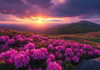 Obraz premium Vibrant Sunrise Over Blooming Azalea Flowers in Lush Green Mountain Landscape with Soft Sunlight and Dramatic Sky Colors
