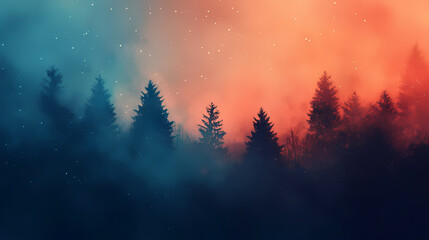 Fototapeta premium Abstract background of brush strokes in terracotta and blue with blurry pine silhouettes and luminous mist. Luminous Mist. Illustration