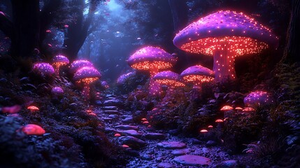 Fototapeta premium Stunning fairy forest glowing mushrooms waterfall vibrant glowing ambiance image