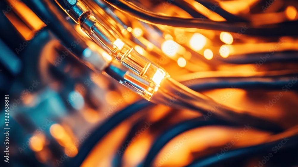 Poster close-up view of illuminated wires and cables with warm lighting in a technical setting