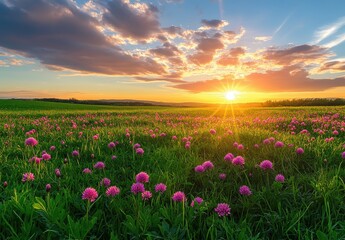 Obraz premium Vibrant Sunset Over a Flower Field with Pink Blossoms and Lush Green Grass Illuminated by Golden Sunlight in a Scenic Landscape