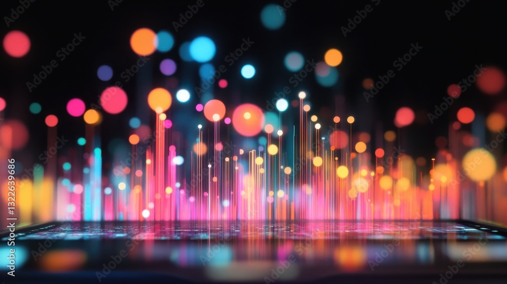 Poster vibrant abstract background with colorful lights and digital elements emerging from smartphone scree