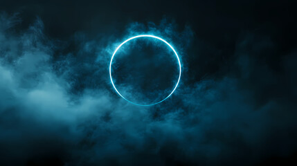 Glowing blue circular light surrounded by ethereal smoke and mist effects. Luminous Mist. Illustration
