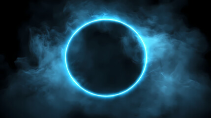 Fototapeta premium Glowing blue circular light surrounded by ethereal smoke and mist effects. Luminous Mist. Illustration