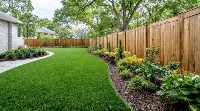 A sturdy, weathered wooden fence encloses the lush green lawn, offering privacy and a touch of rustic charm to the backyard space.