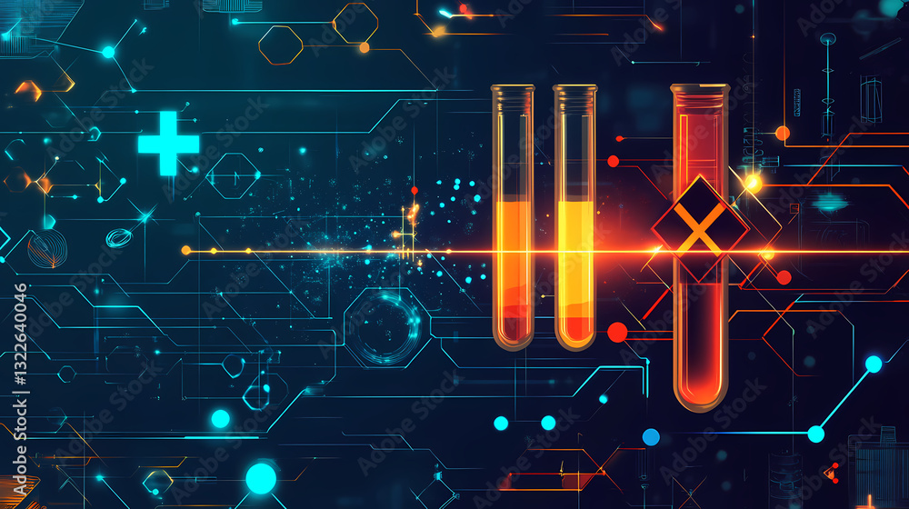 Poster science and technology fusion: a captivating digital artwork showcasing three test tubes filled with