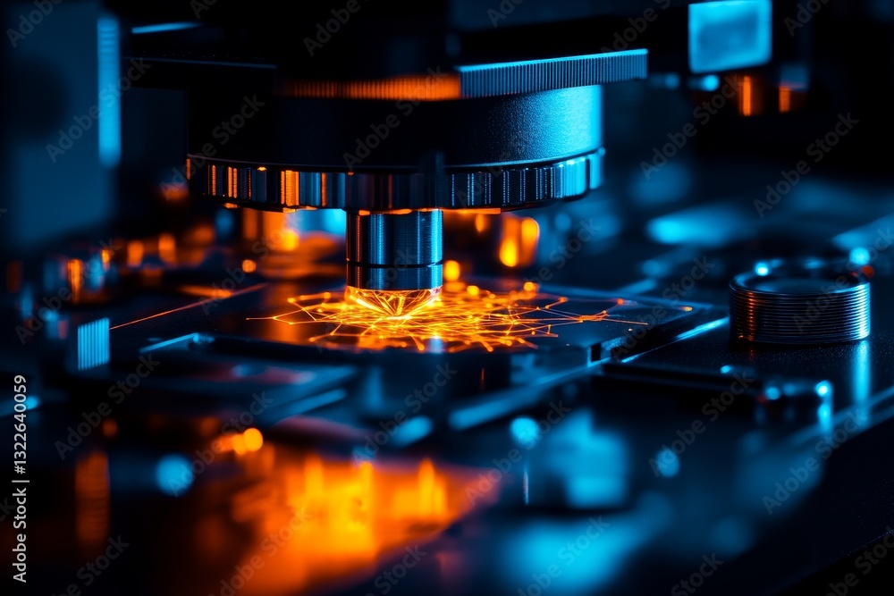 Poster high-tech microscope examining a sample with illuminated details