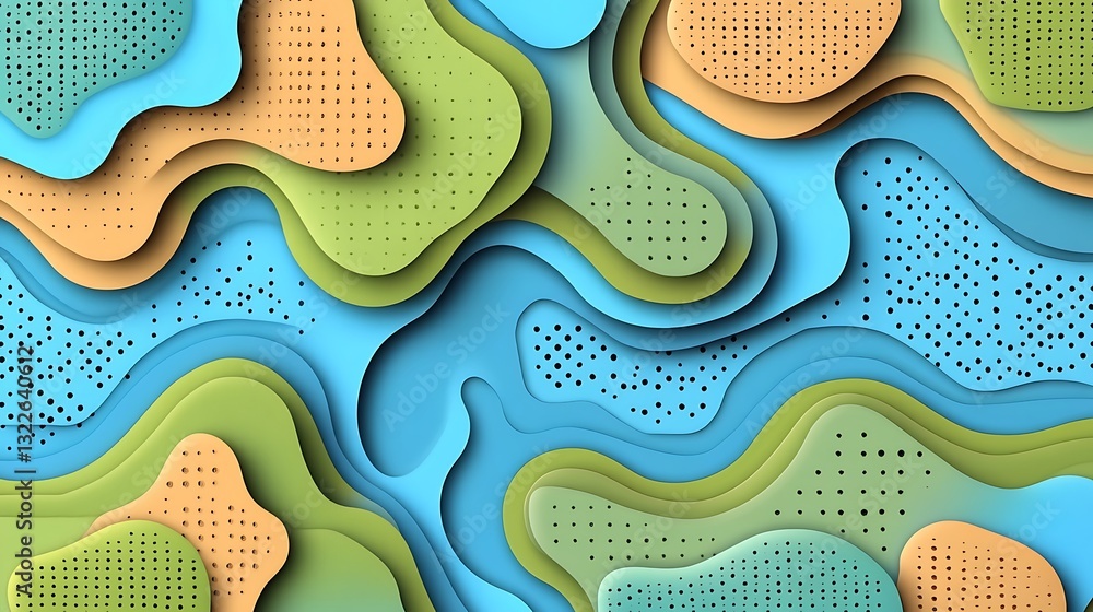 Aufkleber abstract wavy shapes layered paper style with halftone dots background