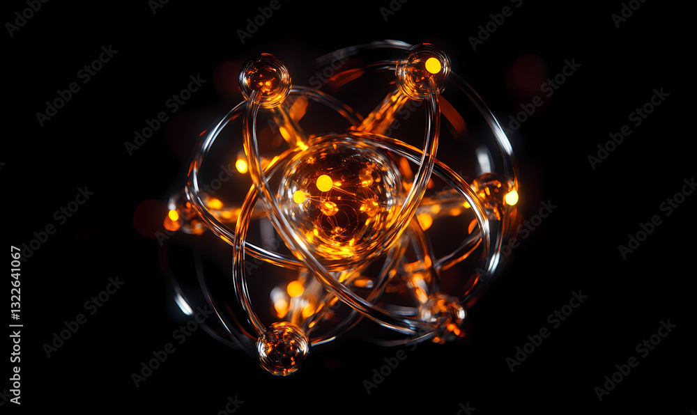 Poster glowing atom: a luminous atom model with bright, glowing orbs and intricate orbital paths suspended 