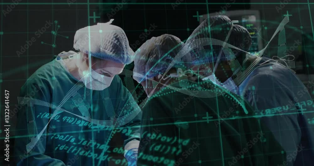 Poster surgeons performing operation with digital dna and data overlay animation
