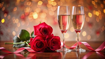 Romantic Champagne Toast: Roses, Ribbon & Pink Background Aerial View
