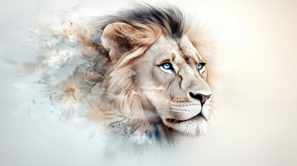 A stunning black and white lion head portrait with piercing blue eyes, intricately crafted with fine lines and detailed shading.