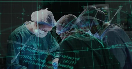 Surgeons performing operation with digital DNA and data overlay animation - Powered by Adobe