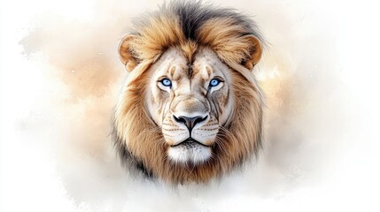 A stunning black and white lion head portrait with piercing blue eyes, intricately crafted with fine lines and detailed shading.