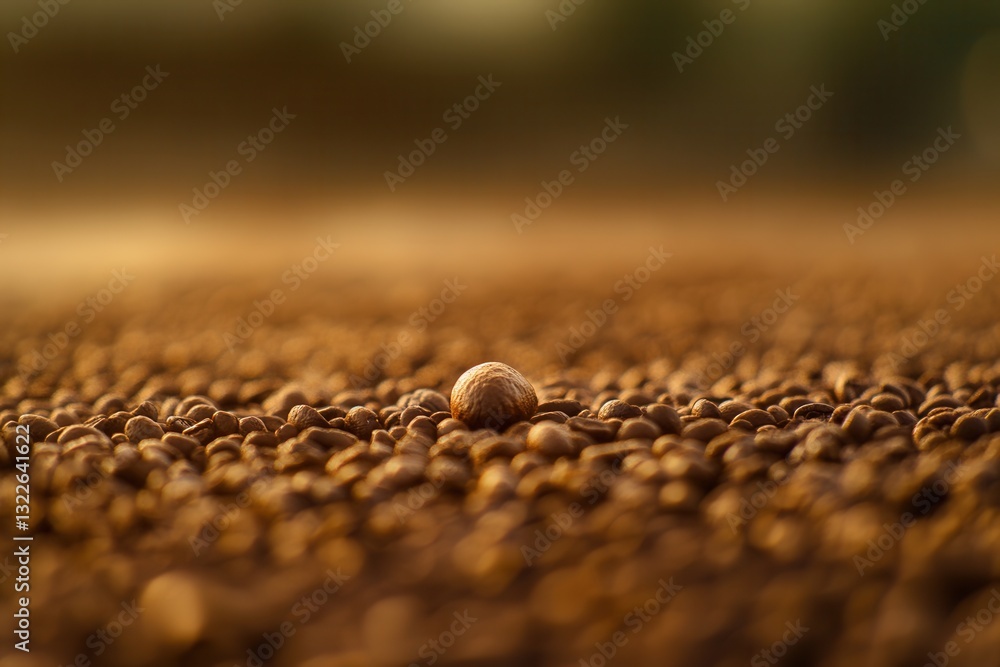 Poster close-up view of roasted coffee beans with warm tones and a standout bean positioned in golden ratio