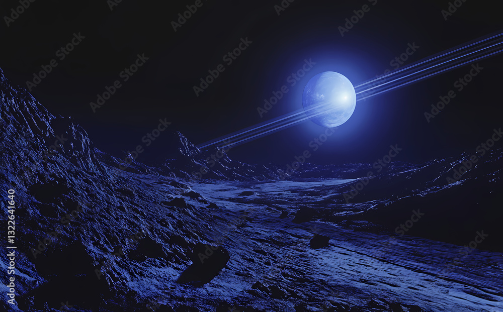 Poster alien planet exploration: a captivating view of an alien planet, with a luminous moon and its rings 