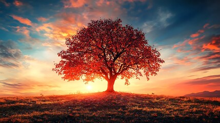 Majestic Autumn Sunset: Solitary Tree on Hilltop