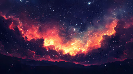 Fototapeta premium Fiery bursts of colorful sparks erupt from fireworks exploding above a darkened landscape with stars in the background, celestial, fireworks. Celestial Sparks. Illustration