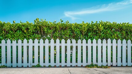 White Picket Fence with Green Hedge and Clear Blue Sky Backdrop