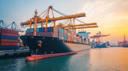 Fototapeta premium Container Ship at Sunset with Global Trade and Logistics