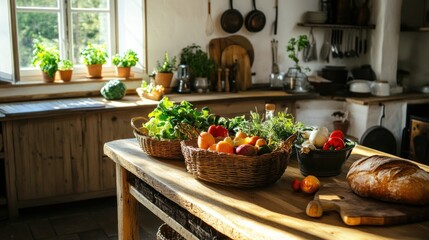 Rustic kitchen still life with fresh produce and sunlight streams through window