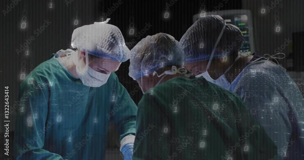 Poster surgeons in operating room with digital data processing animation overlay